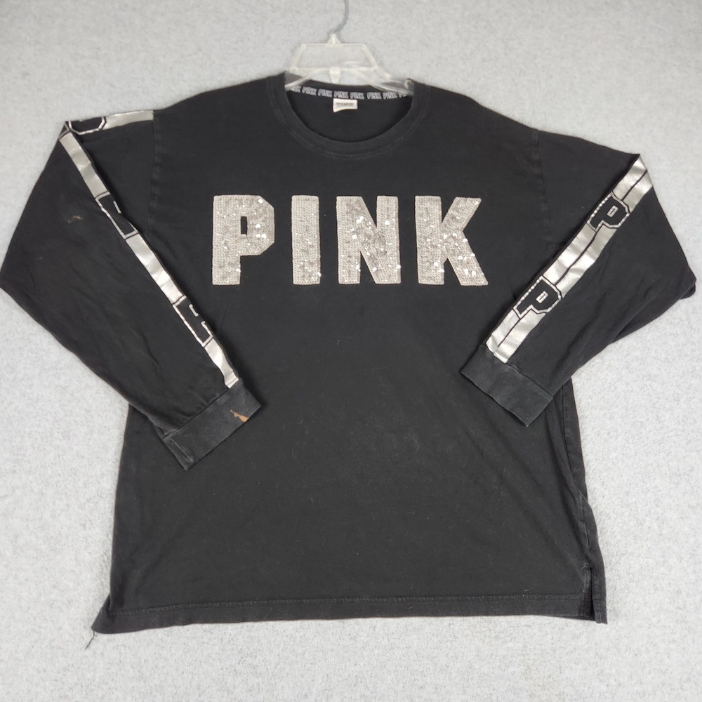 PINK Victoria's Secret T Shirt Womens Large Black Relaxed Fit Silver Sequin Logo